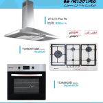 طقم المطبخ المتكامل من تربولاين – شفاط هرمي 90 سم 850 م³/ساعة + فرن غاز بلت إن ديجيتال 67 لتر + مسطح غاز 5 شعلة ستانلس ستيل